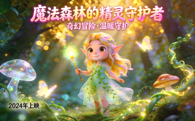 动画奇幻电影海报 - 魔法森林中的可爱精灵角色