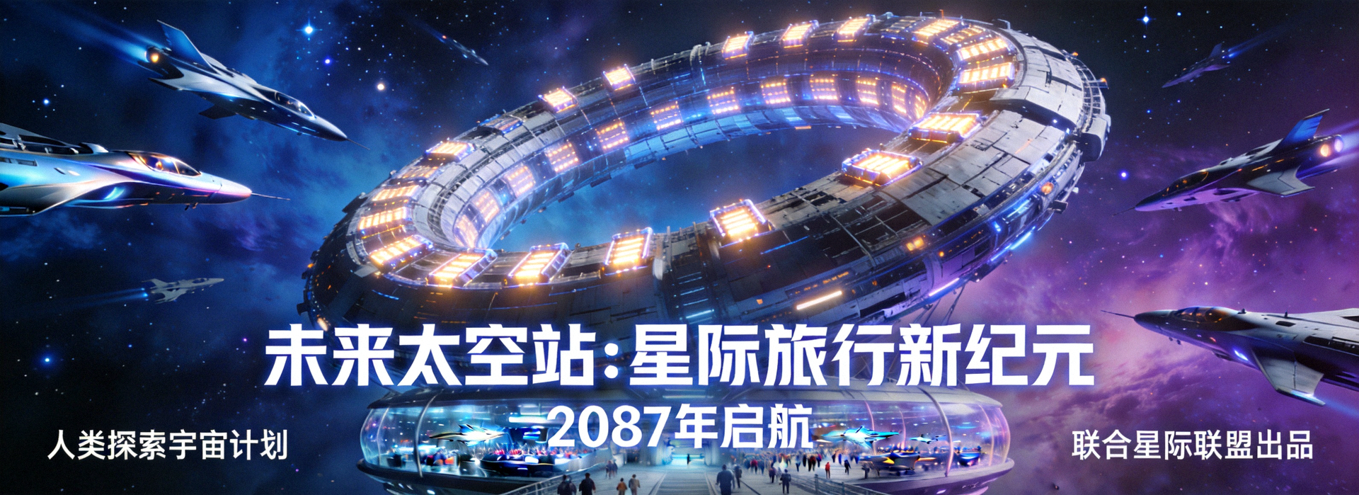 科幻史诗巨制海报 - 未来太空站与星际旅行概念